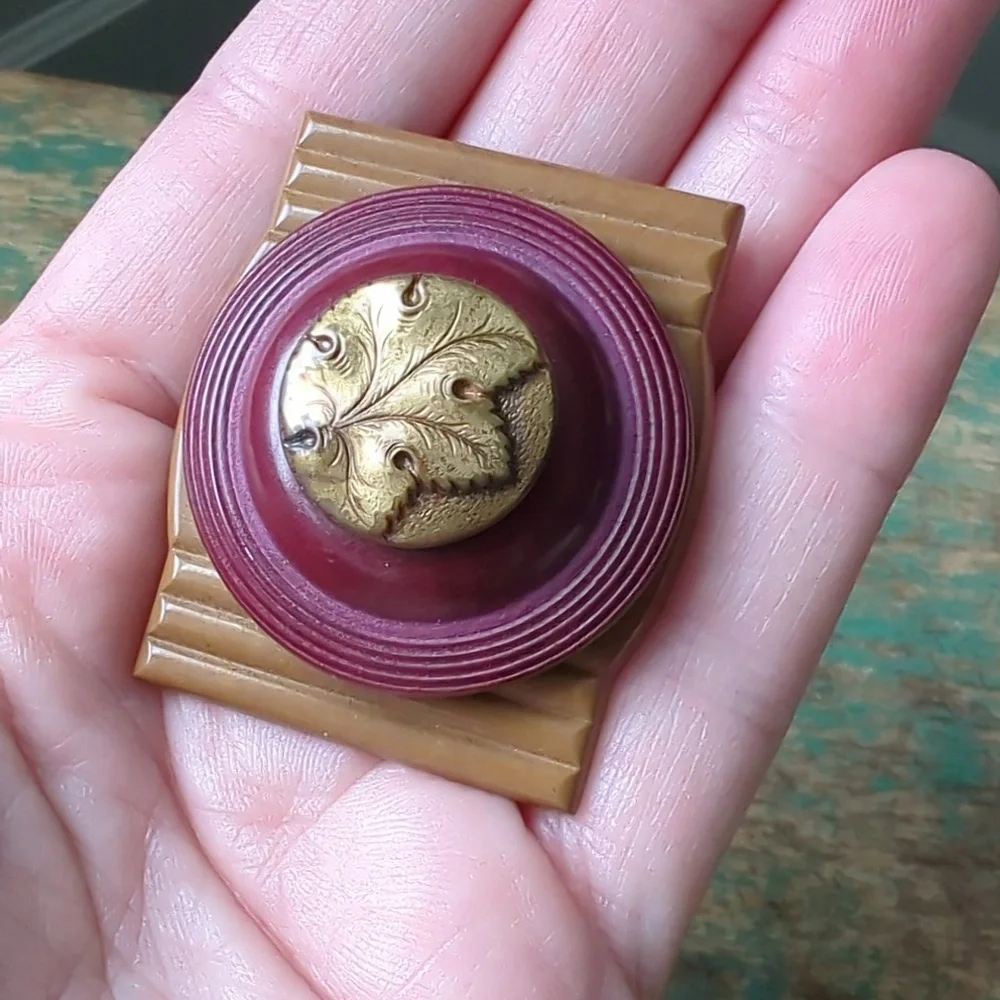 WHIMSY HOUSE I Upcycled Handmade Vintage Button & Buckle Copper Leaf Brooch Pin